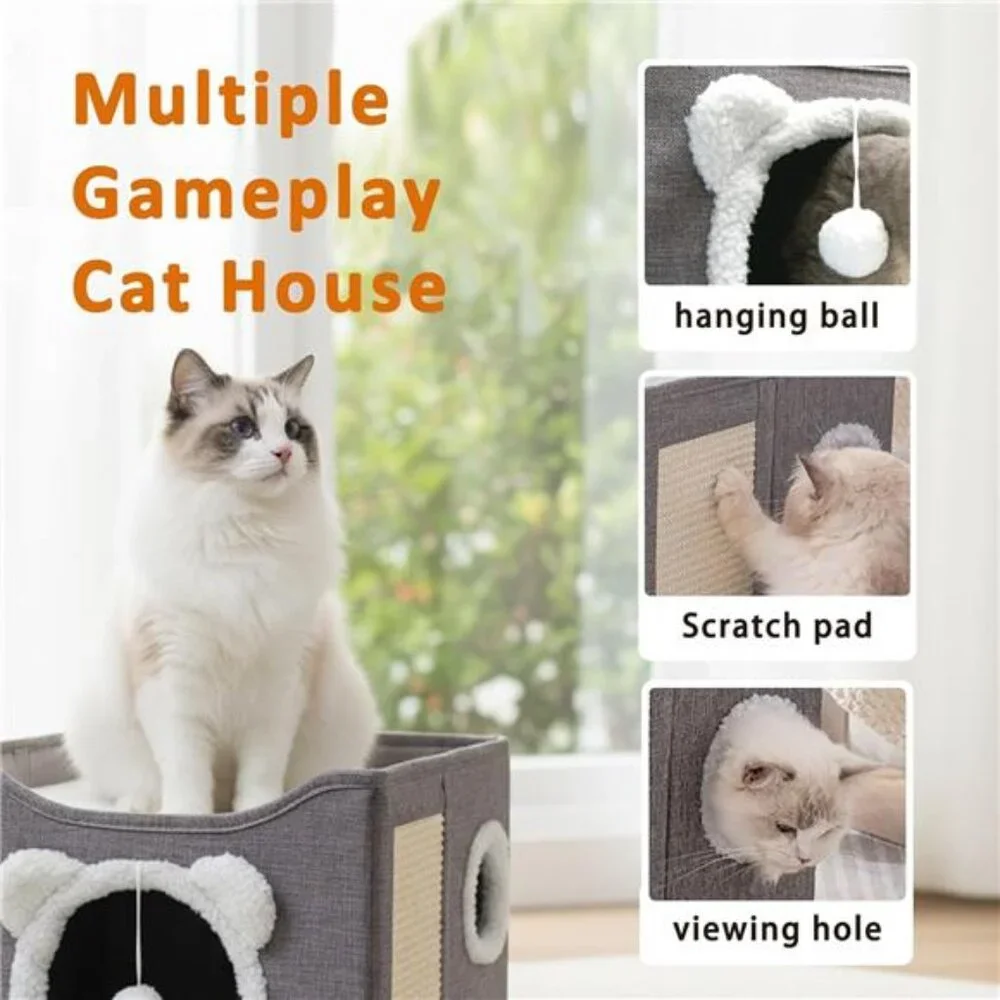 Cat Condo with Scratching Pad Hanging Fluffy Ball & Peekaboo Window